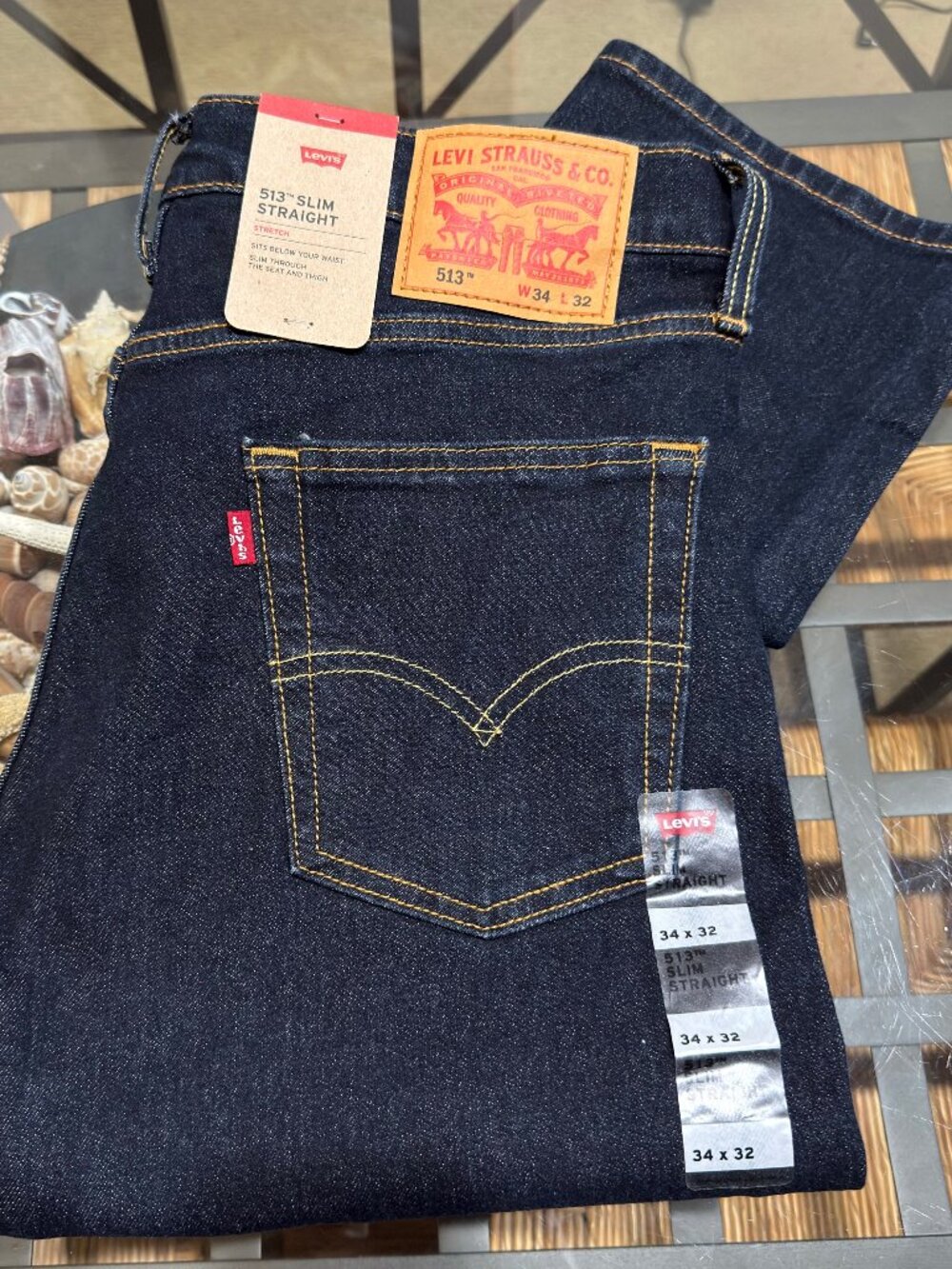 $70 LEVIS MENS 513 SLIM STRAIGHT 34X32 DARK INDIGO WASH STRETCH DENIM JEAN NWT
